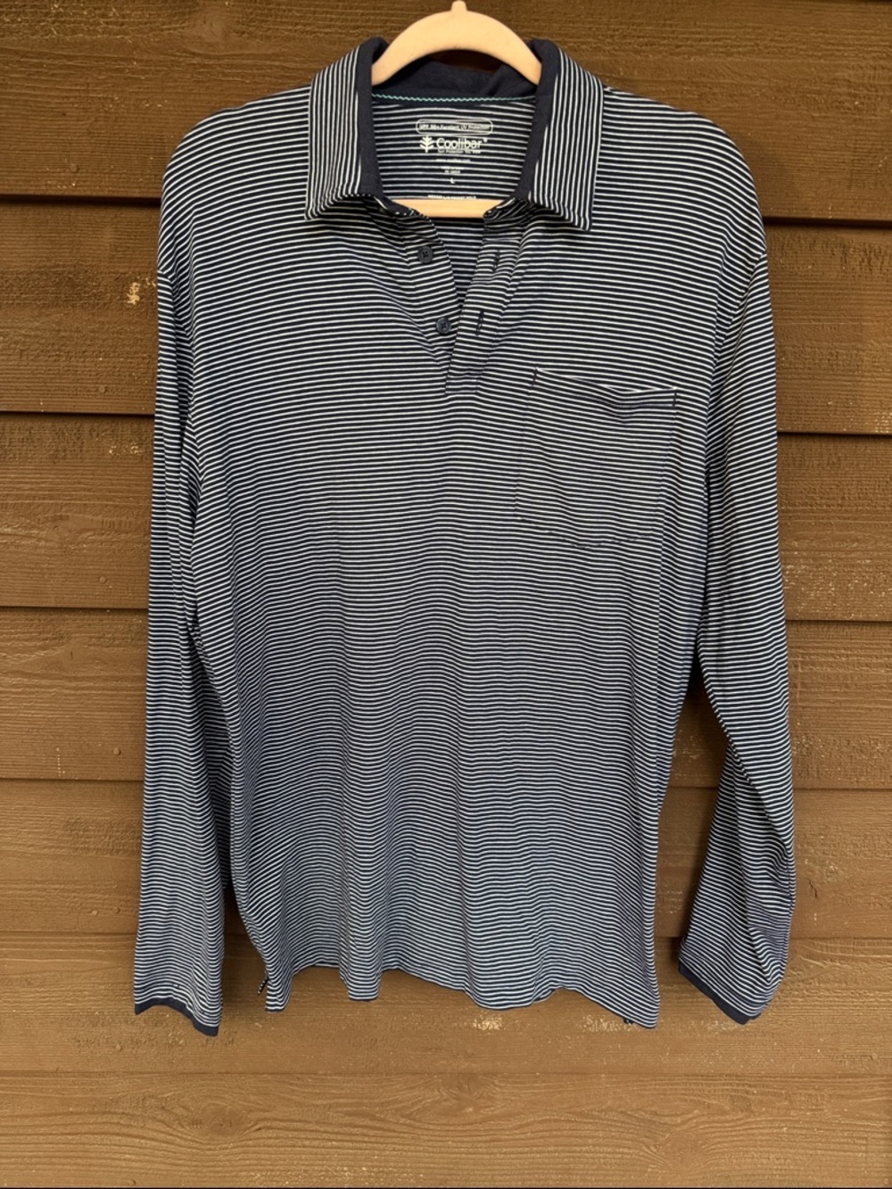 Coolibar Navy and White Men’s Thin-Striped Long-Sleeve Polo size Large